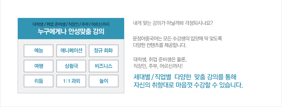 내게 맞는 강의가 아닐까바 걱정되시나요? 문정아중국어는 모든 수강생의 입맛에 딱 맞도록 다양한 컨텐츠를 제공합니다. 영/유아부터 청소년, 입시 준비생 직장인 어르신까지 세대별 /직업별 다양한 맞춤 강의를 통해 자신의 취향대로 마음껏 수강할 수 있습니다.